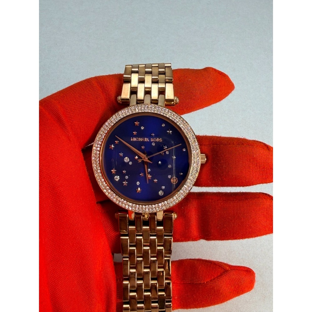 Michael Kors MK-3728 Women's Rose Gold Blue Dial Crystal Celestial Watch Pretty